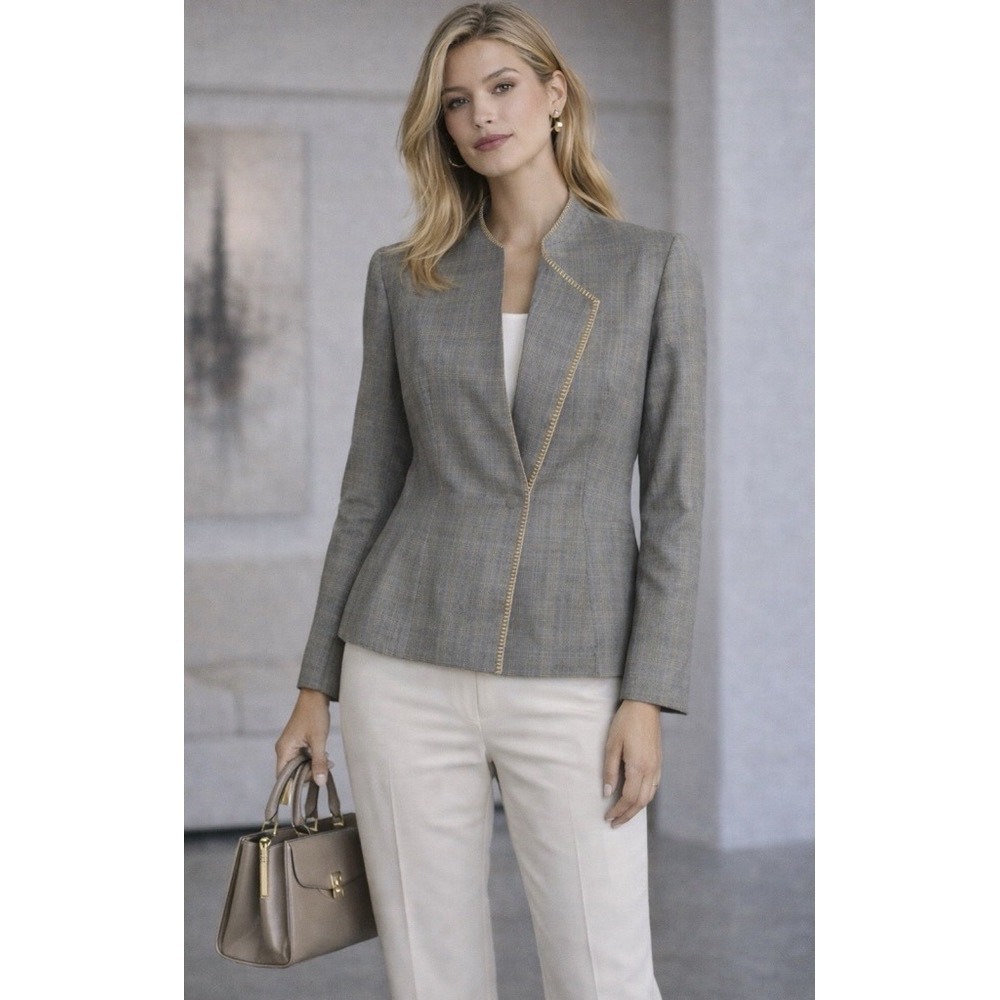 Carolina Herrera Wool Plaid Asymmetric Blazer Gold Trim Structured Jacket 10